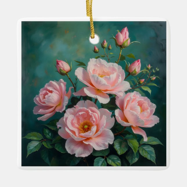 Ornamento De Cerâmica Pink Peonies Artwork on Emerald Green (Frente)