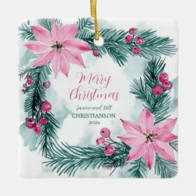 Ornamento De Cerâmica Pink Poinsettias Christmas (Frente)