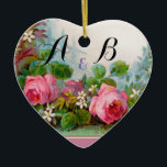 Ornamento De Cerâmica PINK ROSES & JASMINES MONOGRAM Casamento Souvenir<br><div class="desc">Design floral elegante,  colorido,  romântico,  estilo vegetativo,  vermelho,  rosas cor-de-rosa,  folhas verdes,  jasminas brancas por BALDESIGN3D.</div>