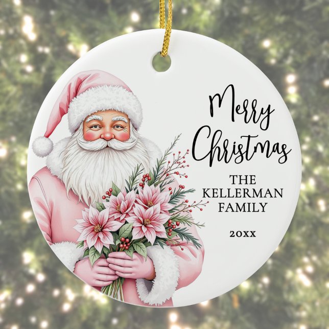 Ornamento De Cerâmica Pink Santa Christmas (Pink Santa Merry Christmas Ceramic Ornament)