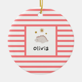 Ornamento De Cerâmica Pink Sleepy Baby Dino | Red Stripe Modern