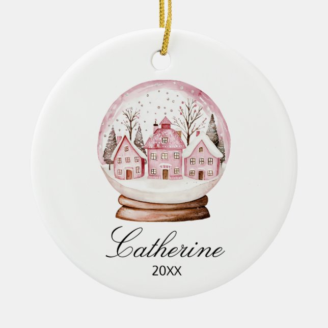 Ornamento De Cerâmica Pink Snow Globe Christmas Cozy Town Custom Name (Frente)