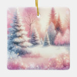 Ornamento De Cerâmica Pink Winter Wonderland Christmas Personalizado<br><div class="desc">Bonito terra maravilhosa rosa de inverno personalizada Enfeites de natal. Uma floresta rosa com pinheiros cobertos de neve. Voltar tem um lugar para uma mensagem personalizada e um fundo de flocos de neve rosa e azul.</div>