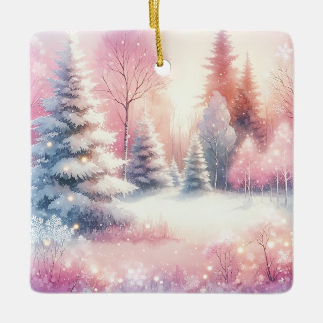 Ornamento De Cerâmica Pink Winter Wonderland Christmas Personalizado (Frente)
