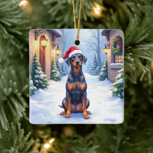 Ornamento De Cerâmica Pinscher Alemão com Chapéu de Papai Noel no Pátio