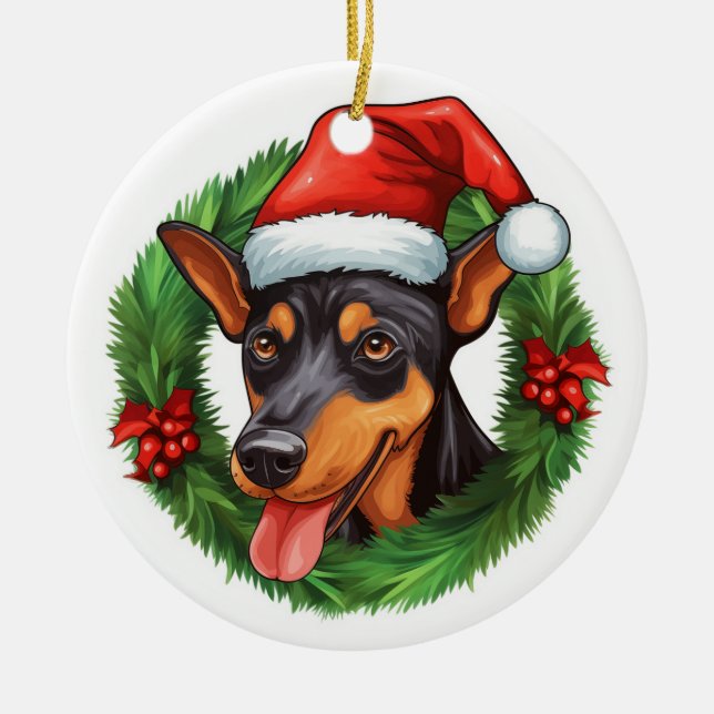 Ornamento De Cerâmica Pinscher Christmas Wreath (Frente)