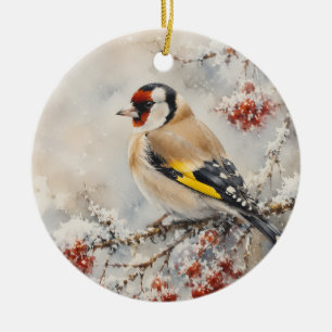 Ornamento De Cerâmica Pintassilgo em Bagas de Inverno aquarela