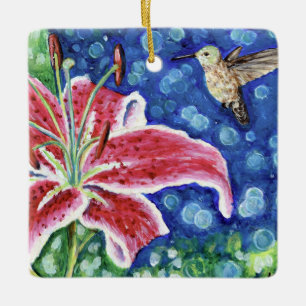 Ornamento De Cerâmica Pintor Hummingbird e Stargazer Lily