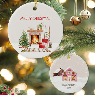 Ornamento De Cerâmica Pintura aquarela Natal lareira Cottage Rosa