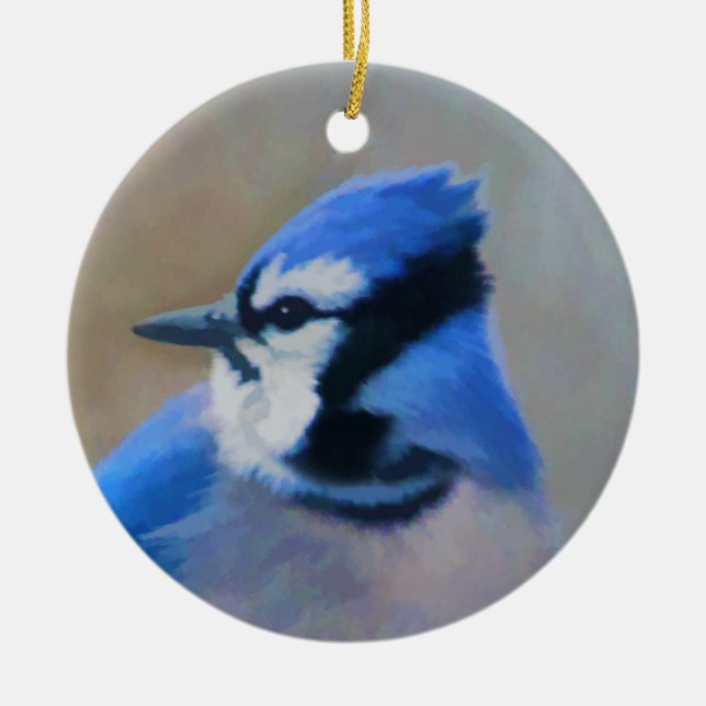 Ornamento De Cerâmica Pintura Blue Jay - Arte Original para Pássaros (Frente)