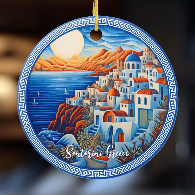 Ornamento De Cerâmica Pintura da Grécia Santorini | Viagem Art (Santorini Greece Painting | Travel Art Ceramic Ornament)