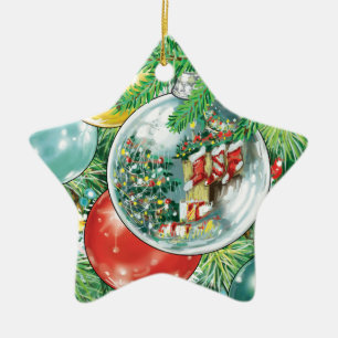 Ornamento De Cerâmica Pintura da reflexão da árvore de Natal da famíl