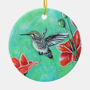 Ornamento De Cerâmica Pintura de Beija-flor e Papoulas