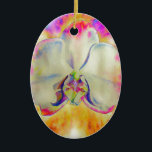 Ornamento De Cerâmica Pintura de cor d'água com orquídea abstrato românt<br><div class="desc">pintura aquosa,  no estilo abstrato tropical romântico,  de uma orquídea branca com fundo surreal rosa e laranja.</div>