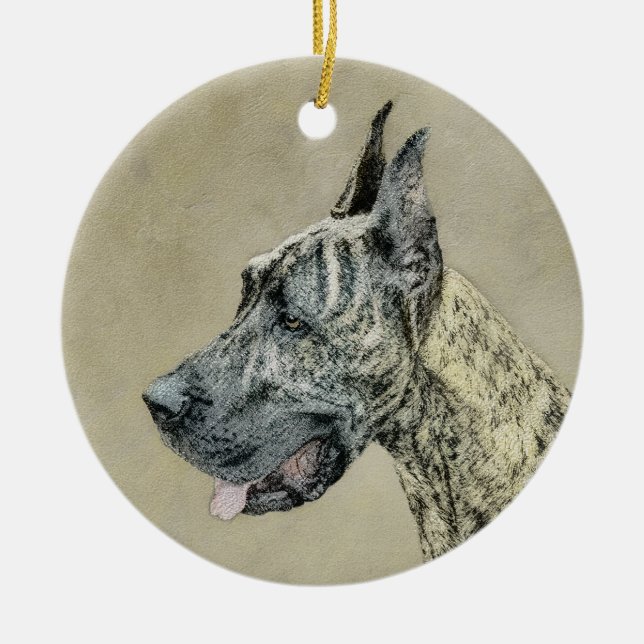 Ornamento De Cerâmica Pintura de Great Dane (Brindle) - Arte Original de (Frente)