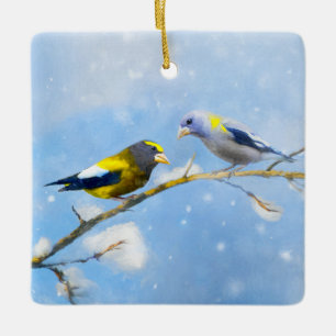 Ornamento De Cerâmica Pintura de Grosbeak Evening - Arte de Cachorro Ori