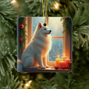 Ornamento De Cerâmica Pintura de Natal do Samoyed sob o Visnaga