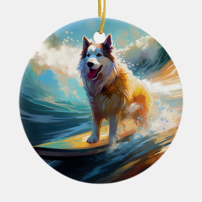 Ornamento De Cerâmica Pintura de Navegação em Praia no Alaska Malamute (Frente)