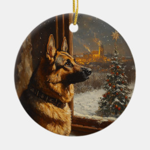 Ornamento De Cerâmica Pintura de óleo de árvore de Natal em German sheph