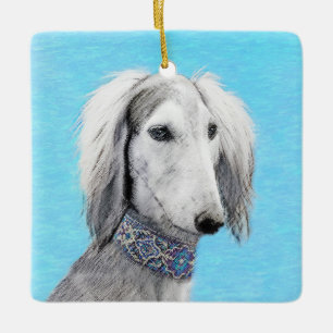 Ornamento De Cerâmica Pintura de Saluki (Prata) - Arte Original de Cacho