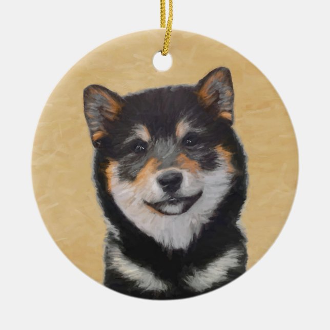 Ornamento De Cerâmica Pintura de Shiba Inu (Preto e Latão) - Arte Canina (Frente)