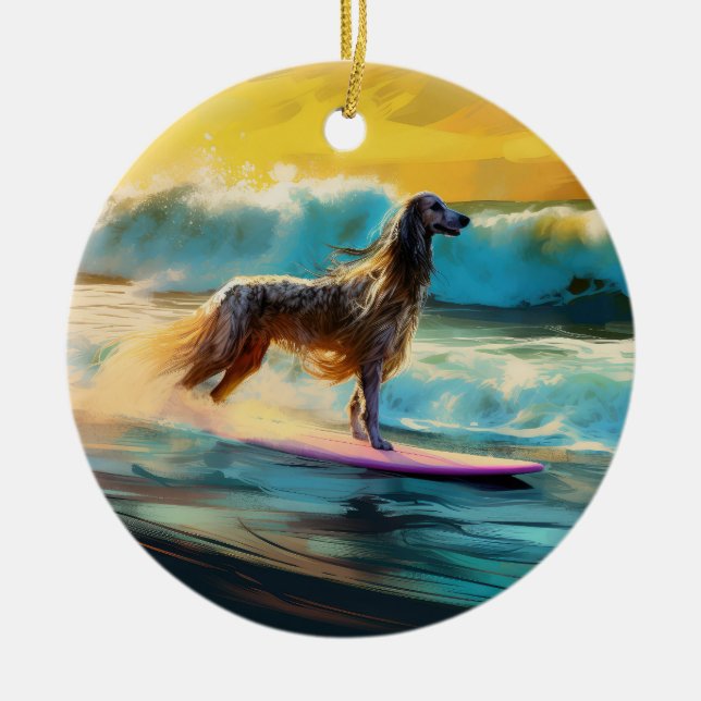 Ornamento De Cerâmica Pintura de surf em praia de hound afegã (Frente)