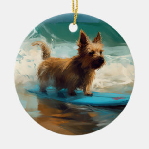 Ornamento De Cerâmica Pintura de Surf na Praia do Terrier Australiano