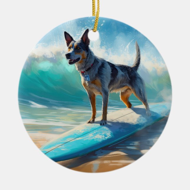 Ornamento De Cerâmica Pintura de Surfe em Praia Blue Heeler (Frente)