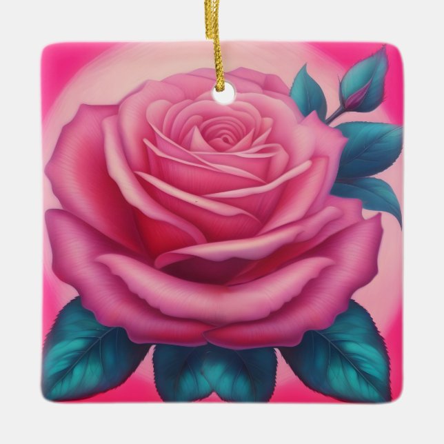 Ornamento De Cerâmica Pintura de uma rosa-rosa-néon (Frente)