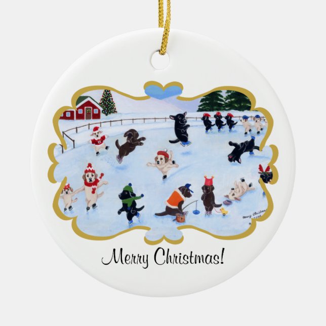 Ornamento De Cerâmica Pintura do divertimento de Labrador do Natal (Frente)