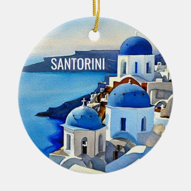 Ornamento De Cerâmica Pintura por Aquarela da Grécia Santorini (Frente)