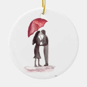 Ornamento De Cerâmica Pintura vermelha do guarda-chuva do casal do amor