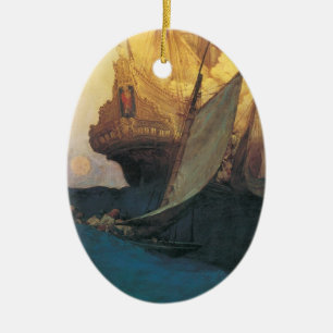 Ornamento De Cerâmica Pirata Vintage, Ataque a um Galeão por Howard Pyle