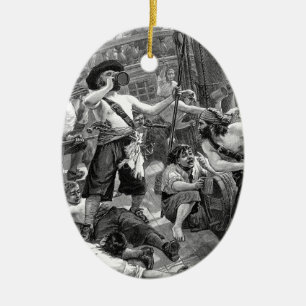 Ornamento De Cerâmica Piratas Antigos Lutando e Bebendo no Navio