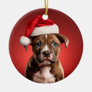 Ornamento De Cerâmica Pit Bull Puppy em Santa Hat