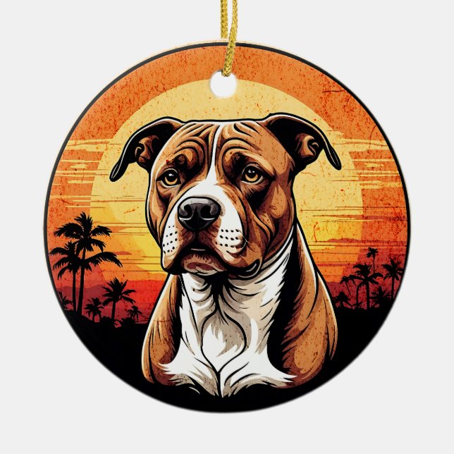 Ornamento De Cerâmica Pit Bull Retro Sunset Dog Lover (Frente)
