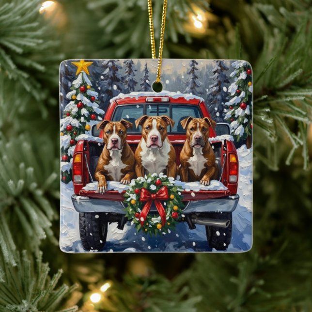 Ornamento De Cerâmica Pitbull Christmas Red Truck Holiday (Árvore)