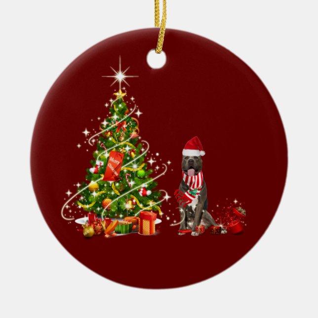 Ornamento De Cerâmica pitbull com o natal do chapéu (Frente)