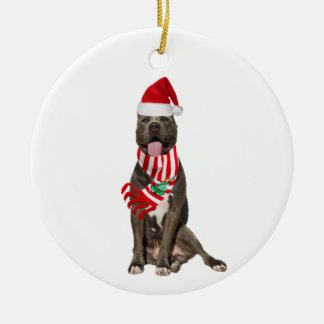 Ornamento De Cerâmica PITBULL com o Natal do chapéu