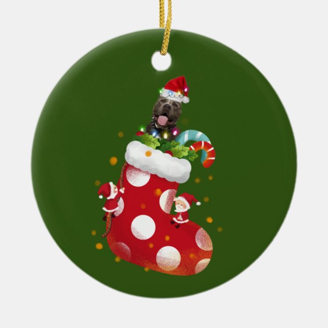 Ornamento De Cerâmica Pitbull com o Natal do Chapéu (Frente)
