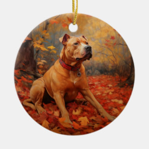 Ornamento De Cerâmica Pitbull no outono Folhas caem inspiração