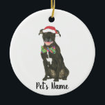 Ornamento De Cerâmica Pitbull Preto Personalizado Staffy Santa Hat Bowti<br><div class="desc">Faça a lista legal este ano com um ornamento do seu elfo pitbull favorito! Para os presentes mais doces, emparelhe-o com um impressão de arte correspondente ou outro item da minha coleção para um bem pensado, chá de panela, professor, sogra, marido, namorado, papais noeis secretos, simpatia ou presente difícil de...</div>