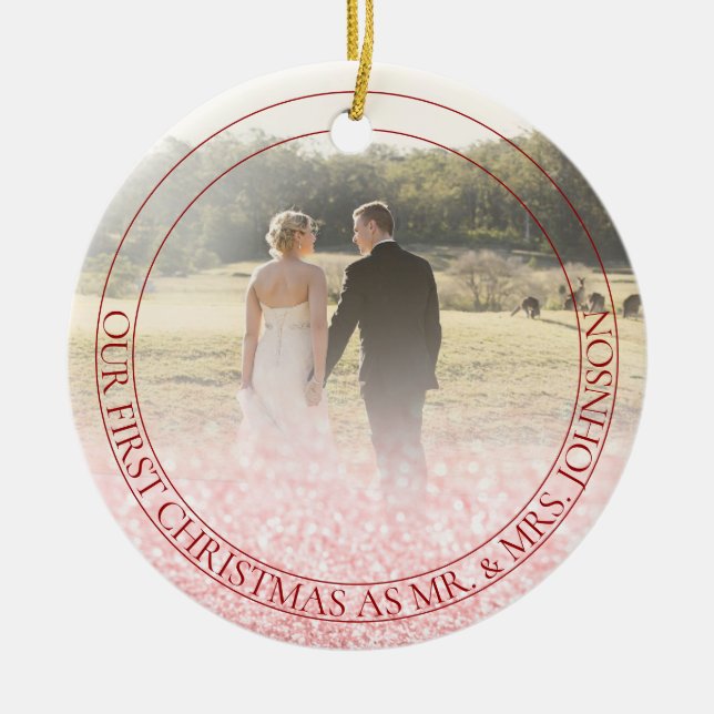 Ornamento De Cerâmica PixDezine Nosso Primeiro Natal, Rosa Dourada Glitt (Frente)