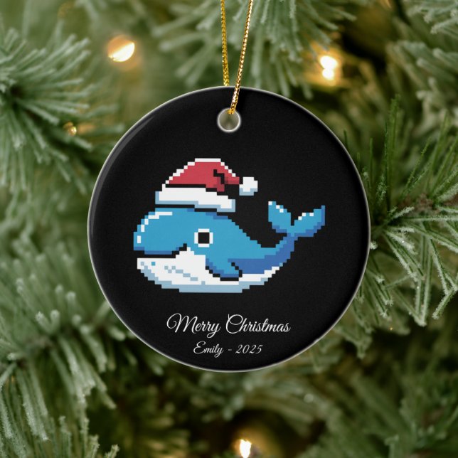 Ornamento De Cerâmica Pixel Art Blue Whale Santa Hat (Árvore)
