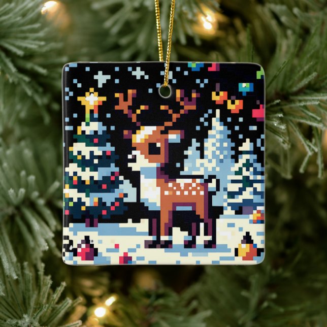 Ornamento De Cerâmica Pixel Art Reindeer no Natal da Neve (Árvore)
