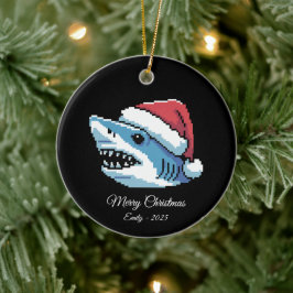 Ornamento De Cerâmica Pixel Art Tubarão Chapéu do Papai Noel