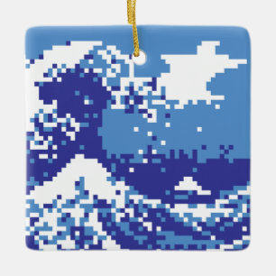 Ornamento De Cerâmica Pixel Tsunami Blue 8 Bit Pixel Art