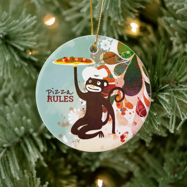 Ornamento De Cerâmica Pizza macaco chef de chapéu de comida (Árvore)