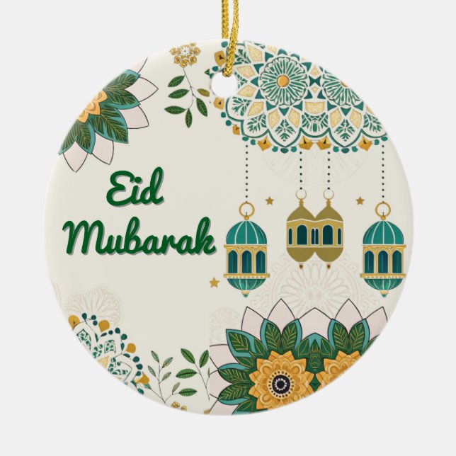 Ornamento De Cerâmica Placa Elegante Eid Mubarak com Lanternas e Floral (Frente)