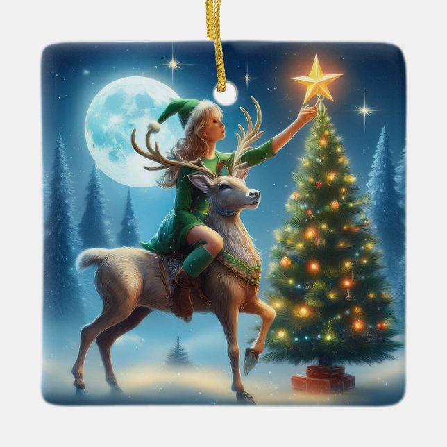 Ornamento De Cerâmica Placing The Star On Top Of Tree (Frente)